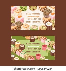 Turkish delight eastern sweets, vector illustration. Candy shop business card design. Colorful traditional lokum dessert, exotic east delicacy. Selection of delicious Turkish sweets, nuts and sesame