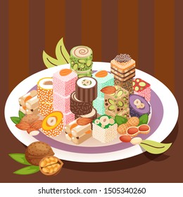 Turkish delight eastern sweets, vector illustration. Colorful traditional lokum dessert on a plate. Advertisement poster for shop or cafe. Selection of delicious Turkish sweets with nuts and sesame