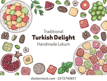 Turkish delight frame. Hand drawn vector illustration. Traditional rahat lokum. Turkish food. Oriental sweets. Top view