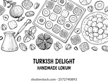 Turkish delight frame. Hand drawn vector illustration. Turkish delight sketch. Traditional rahat lokum. Turkish food. Oriental sweets. Top view