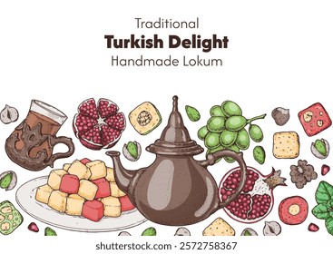 Turkish delight frame. Hand drawn vector illustration. Traditional rahat lokum. Turkish food. Oriental sweets.