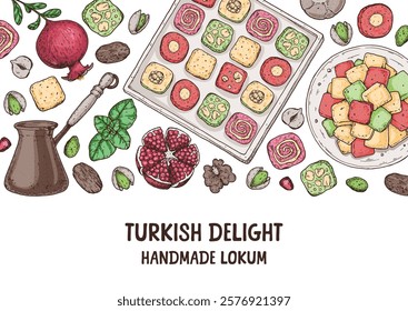 Turkish delight frame. Hand drawn vector illustration. Traditional rahat lokum. Turkish food. Oriental sweets. Top view	