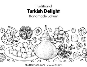 Turkish delight frame. Hand drawn vector illustration. Turkish delight sketch. Traditional rahat lokum. Turkish food. Oriental sweets.