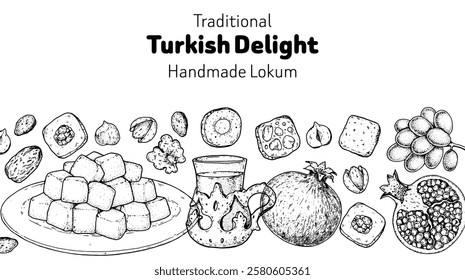 Turkish delight frame. Hand drawn vector illustration. Turkish delight sketch. Traditional rahat lokum. Turkish food. Oriental sweets.	