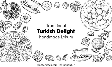 Turkish delight frame. Hand drawn vector illustration. Turkish delight sketch. Traditional rahat lokum. Turkish food. Oriental sweets.	