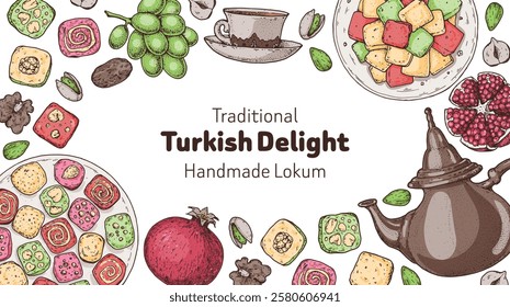 Turkish delight frame. Hand drawn vector illustration. Traditional rahat lokum. Turkish food. Oriental sweets.	