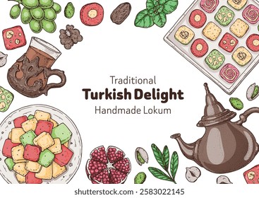 Turkish delight frame. Hand drawn vector illustration. Traditional rahat lokum. Turkish food. Oriental sweets.