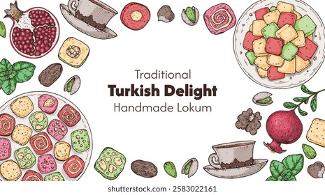 Turkish delight frame. Hand drawn vector illustration. Traditional rahat lokum. Turkish food. Oriental sweets.	