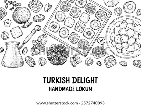 Turkish delight frame. Hand drawn vector illustration. Turkish delight sketch. Traditional rahat lokum. Turkish food. Oriental sweets. Top view