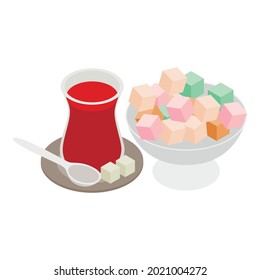 Turkish delight icon isometric vector. Rahat lokum and turkish tea. Traditional oriental dessert