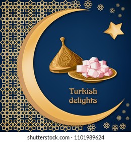 Turkish delight locum on decorated copper plate with text, arabic ornament, moon and star on dark blue background. Ramadan kareem greeting card template. Cartoon vector illustration in flat style.