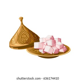 Turkish delight, locum, traditional sweets on decorated copper plate with cap isolated on white background. Turkish antique utensils series, part 5 of 5.  Cartoon vector illustration in flat style.