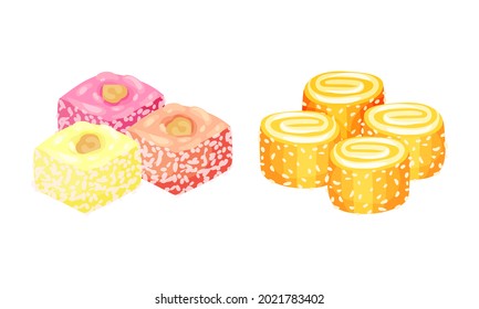 Turkish Delight or Lokum as Arabic Sweet and Sugary Dessert Vector Set