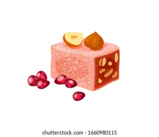 Turkish delight, lokum. Traditional oriental sweet candy with hazelnut. Vector illustration cartoon icon isolated on white.