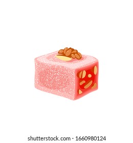 Turkish delight, lokum. Traditional oriental sweet candy with walnut. Vector illustration cartoon icon isolated on white.