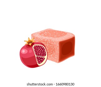 Turkish delight, lokum. Traditional oriental sweet candy with pomegranate. Vector illustration cartoon icon isolated on white.