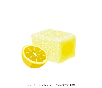 Turkish delight, lokum. Traditional oriental sweet candy with lemon. Vector illustration cartoon icon isolated on white.