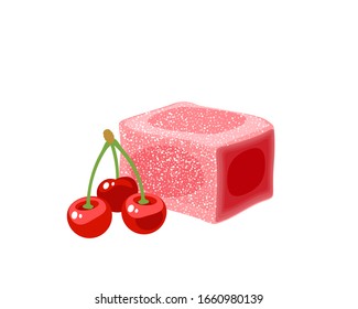 Turkish delight, lokum. Traditional oriental sweet candy with cherry. Vector illustration cartoon icon isolated on white.