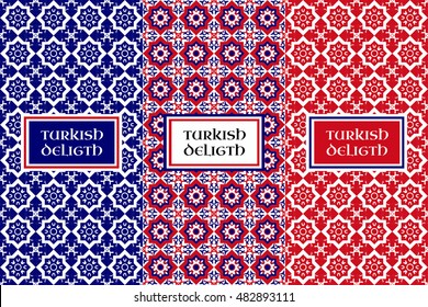 Turkish delight pattern vector. Set of seamless flower backgrounds and design elements for food packaging. Labels or tag for oriental products and sweet shops.