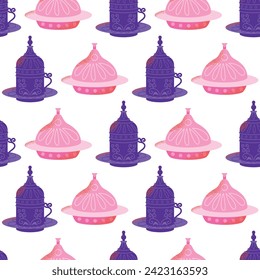 Turkish delight seamless pattern traditional decorated copper plate with cap isolated on background. Turkish antique utensils series food dish. Cartoon flat vector illustration in flat style.