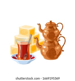 Turkish delight and tea. Traditional two-tier copper teapot kettle and glass of tea. Vector illustration cartoon flat icon isolated on white.