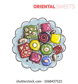 Turkish delight vector illustration. Isolated on white. Hand drawn illustration. Top view.