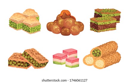 Turkish Delights or Arabic Sweets with Famous Baklava and Rahat Lakoum Vector Set