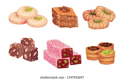 Turkish Delights or Arabic Sweets with Famous Baklava and Rahat Lakoum Vector Set. Oriental Pastry and Sugary Confectionery Concept