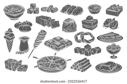 Turkish desserts and drinks glyph icons set vector illustration. Stamp of traditional delight food of Turkey collection with halva and baklava, bagels and kadayif cakes, nougat and pudding for dessert