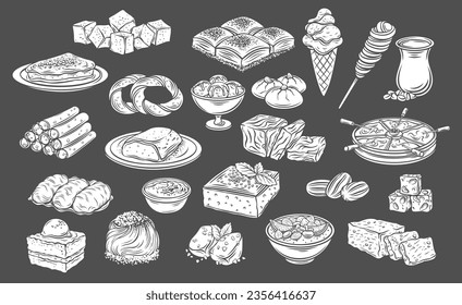 Turkish desserts and drinks glyph icons set vector illustration. White stamps of sweet pastry dishes of Turkey collection isolated on black, plates with pudding and Arabian candy, pastila and halva