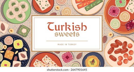 Turkish desserts frame. Traditional oriental sweets, arabic ramadan sugar delicious snack products, eastern food menu cover, syrup, nuts, dough, banner design, tidy vector concept