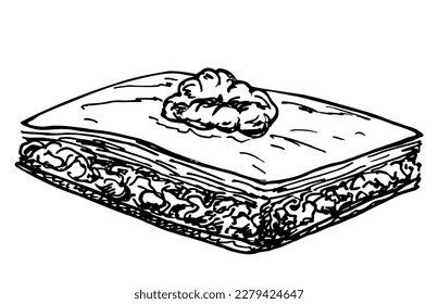 Turkish desserts nut baklava. Oriental sweet dessert, retro illustration. Traditional turkish layered pastry,  sweets ink drawing isolated on white. Vector hand drawn illustrations. 