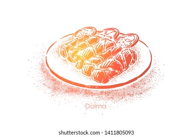 Turkish dolma, tasty rolls with minced meat and rice wrapped in leaves, delicious nutrient lunch. Eastern cuisine, traditional caucasian food concept sketch. Hand drawn vector illustration