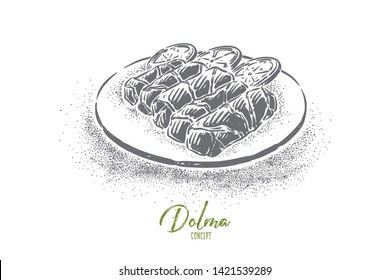 Turkish dolma, tasty rolls with minced meat and rice wrapped in leaves, delicious nutrient lunch. Eastern cuisine, traditional caucasian food concept sketch. Hand drawn vector illustration