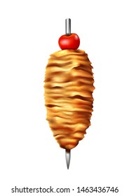 Turkish doner kebab meat on skewer, fried meat for shawarma, with a tomato on top. Vector illustration.