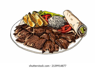 Turkish doner meat french fries tomato rice pepper lavash, asian oriental national cuisine food. Vector graphics