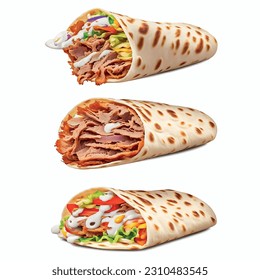 Turkish doner in pita with fried juicy meat with thick sauce realistic 3d graphic vector isolated white background