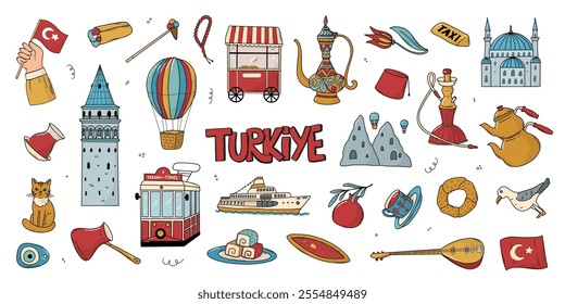 Turkish doodles, Istanbul landmarks cartoon elements collection for prints, cards, posters, stickers, signs, etc. EPS 10