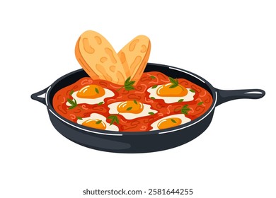 Turkish eggs menemen in pan in cartoon style. Traditional middle east breakfast cuisine with fresh bread and herbs. Isolated on a white background.