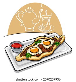 turkish egg-topped pide flatbread baked with minсe, eggs and hot tea