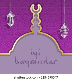 Turkish Eid greeting card with lilac mosque dome and lanterns. All the objects are in different layers and the text types do not need any font. 