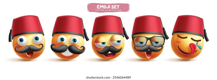 Turkish emoji characters vector set. Emojis turkey europe clip art character in happy, smiling, tired and cravings satisfied facial expression wearing mustache and red fez hat collection. Vector 