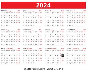 Turkish - English 2024 Calendar