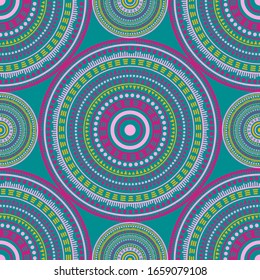 Turkish ethnic motifs seamless pattern. Circle medallion mandala abstract tiles. Textile print template. Retro fashion pattern. Trendy circular seamless ornament. Henna mandala design.