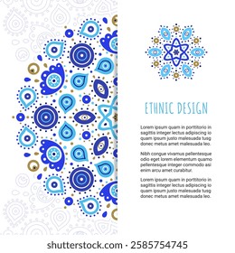 Turkish evil eye blue mandala square card. Ethnic greek protection symbol flyer template. Spoilage sign brochure design. EPS 10 vector illustration