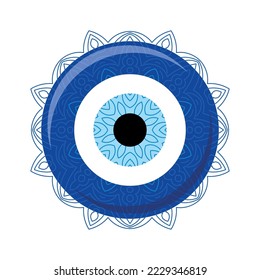 Turkish evil eye. Mandala greek evil eye. Symbol of protection. Blue Turkish Fatima's Eye. Amulet from evil eye. Nazar. Magic item, attribute