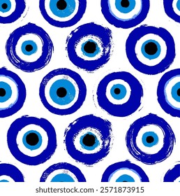 Turkish evil eye seamless pattern grunge hand drawn. Mandala greek evil eye. Symbol of protection in Greece, Cyprus. Amulet from evil eye. Vector blue Turkish fatima's eye. Magic item, attribute.