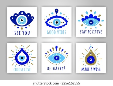 Turkish evil eye symbol cards. Ethnic blue greek protection from the spoilage signs with golden details. See you, Stay positive, Choose love, Good vibes, Make a wish quotes. EPS 10 vector illustration