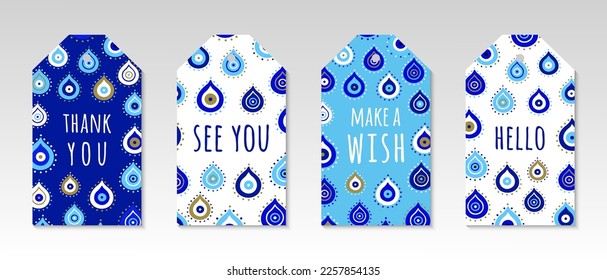 Turkish evil eye symbol tags. Ethnic blue greek protection from the spoilage signs. Hello, See you, Thank you, Make a wish quotes. EPS 10 vector illustration