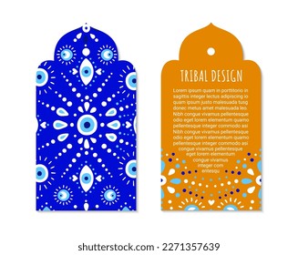 Turkish evil eye symbol tags. Protection from the spoilage signs. Oriental tag curly shaped design. Ethnic arabian ornamental label. Asian brochure template. Eastern style EPS 10 vector illustration